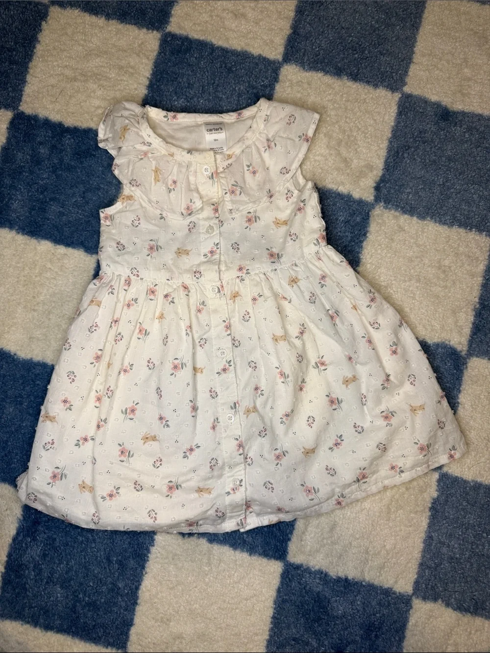 Carter's White Dress with Pink Floral & Tan Rabbit Print
